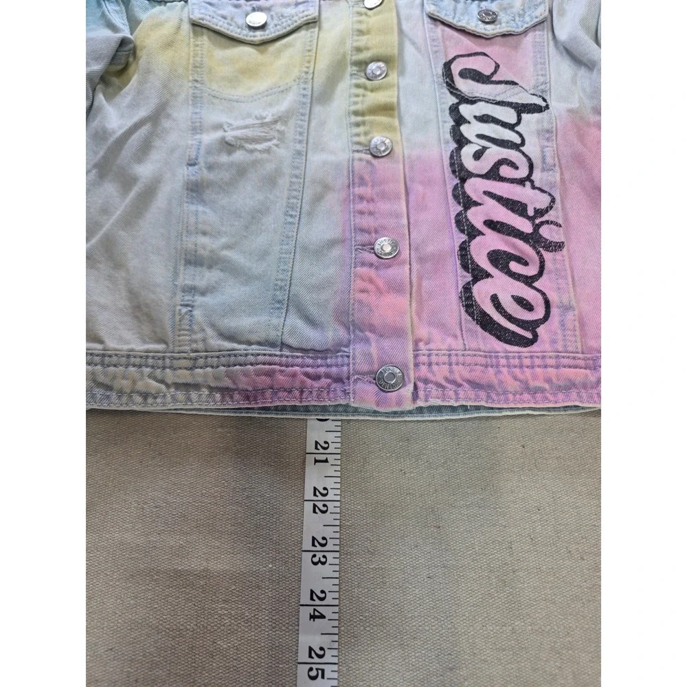Justice x Bazooka Ring Pop Girls Denim Jacket Sz M 10 Tie Dye Graphic Distressed
